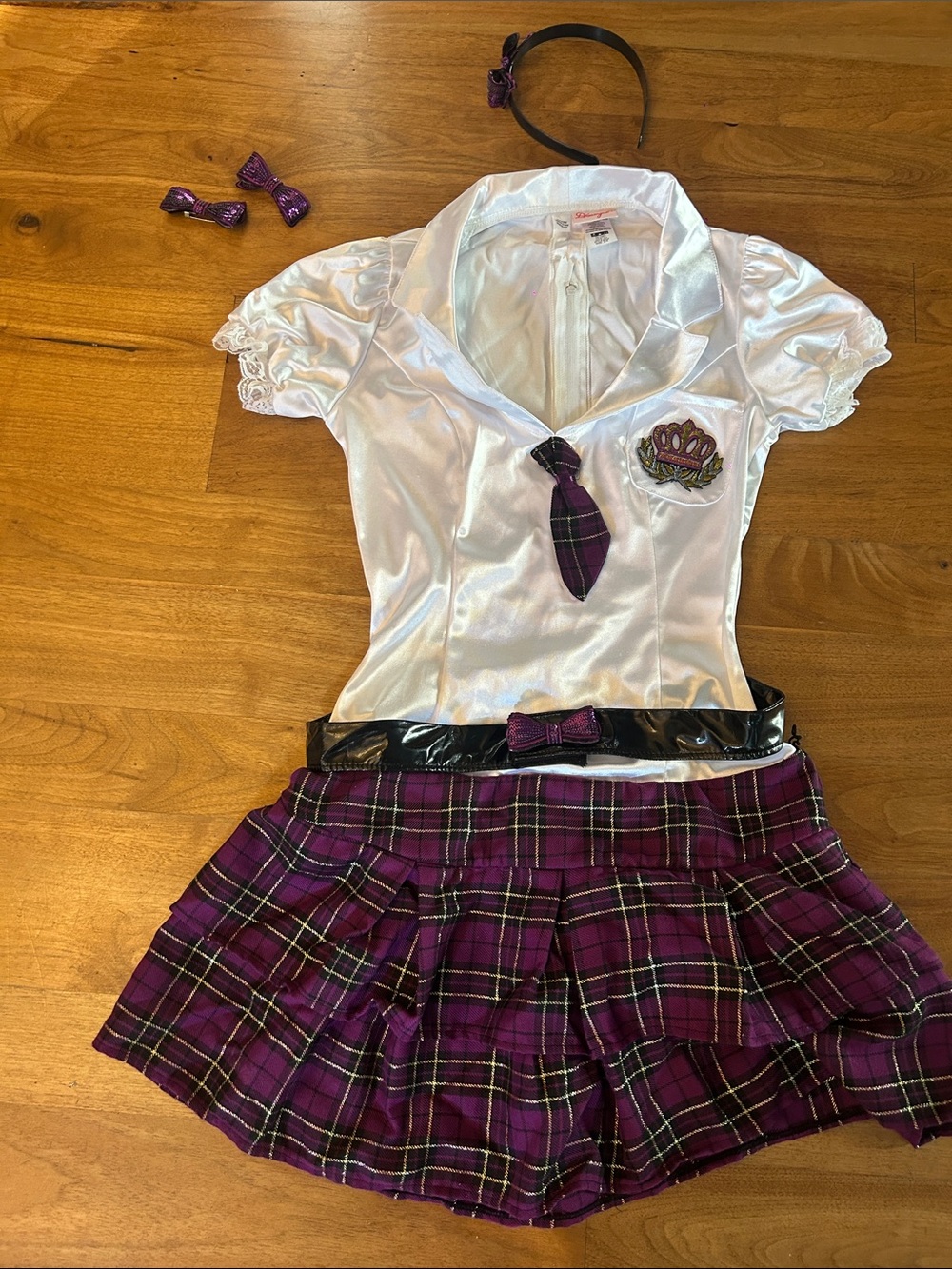Dreamgirl White Satin Top with Purple Plaid Schoolgirl Skirt Costume